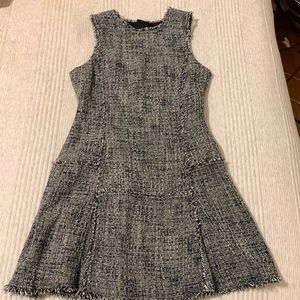 Banana republic tree blue and white dress with pleats and raw edge details.